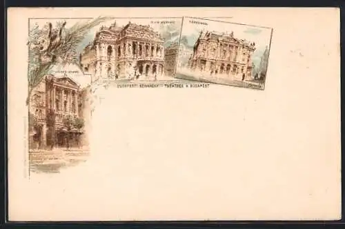 Lithographie Budapest, Szinhazak-Theater, Nepszinhaz Ungarn Wert 5 Filler