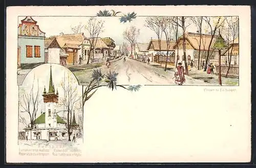 Lithographie Budapest, Exposition Millénaire, Rue hongroise et l`eglise