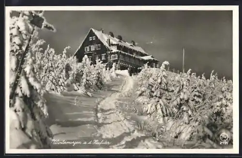 AK Heufuderbaude, Berghütte bei Bad Flinsberg im Schnee