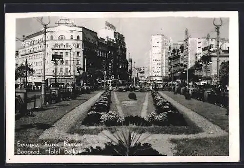 AK Beograd, Ortsansicht mit Hotel Balkan und Strassenbahn