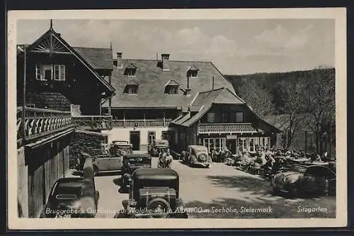 AK Alpl, Bruggraber's Gasthaus zur Waldheimat mit Sitzgarten