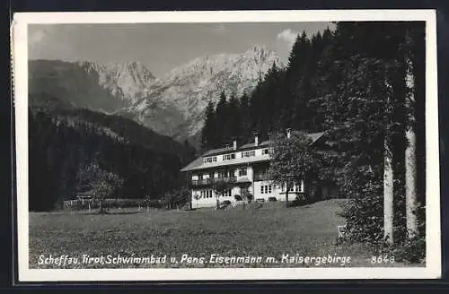 AK Scheffau, Schwimmbad u. Pension Eisenmann m. Kaisergebirge