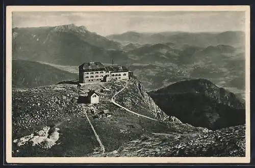 AK Watzmannhaus, Berghütte mit Gebirgspanorama aus der Vogelschau