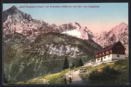 AK Adolf Zoeppritz-Haus am Kreuzeck, Ansicht mit Alp- und Zugspitze