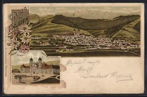 Lithographie Einsiedeln, Ortsansicht aus der Vogelschau, Blick zum Kloster