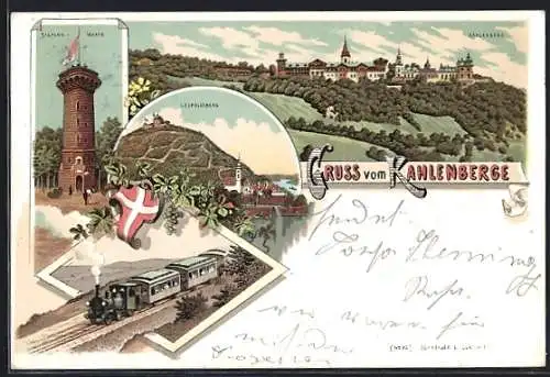 Lithographie Wien-Kahlenberg, Stefaniewarte, Hotel Kahlenberg, Eisenbahn