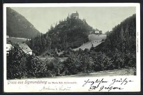 AK Mariazell, Panorama mit der Kirche Sigmundsberg