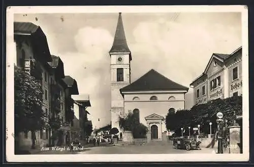 AK Wörgl, Strassenpartie mit Tankstelle und Gasthof zur neuen Post