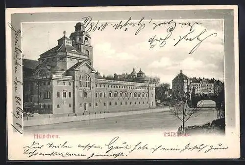 AK München, Volksbad mit Brücke