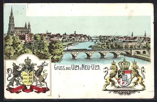 Lithographie Ulm / Donau, Teilansicht mit Münster und Neu-Ulm, Wappen