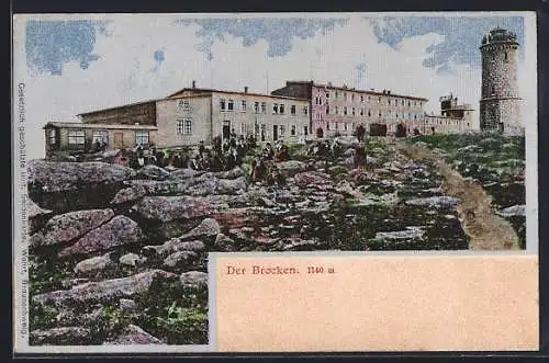 Seiden-Imitations-AK Brocken, Aussichtsturm, Gipfelhaus, Leute auf der Wiese