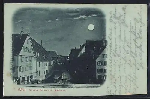 Mondschein-AK Ulm / Donau, Partie an der Blau bei Vollmond