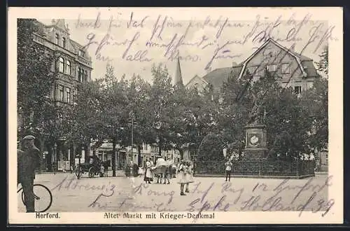 AK Herford, Alter Markt mit Krieger-Denkmal