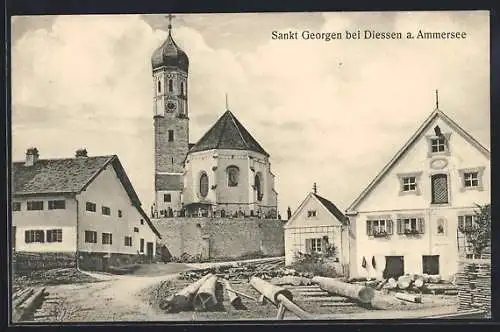 AK Sankt Georgen / Ammersee, Strassenpartie mit Kirchblick