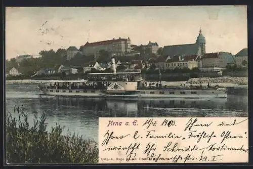 AK Pirna, Blick über die Elbe auf die Stadt, Elbdampfer