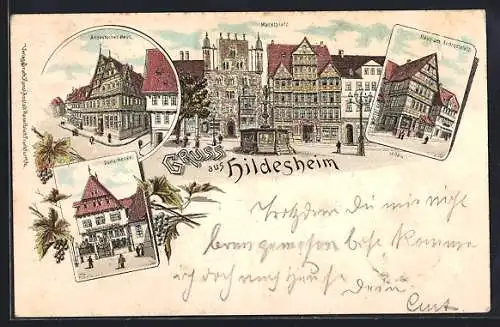 Lithographie Hildesheim, Marktplatz, Domschenke, Haus am Andreasplatz