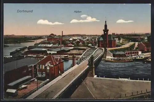 AK Dortmund, Hafen mit Brücke aus der Vogelschau