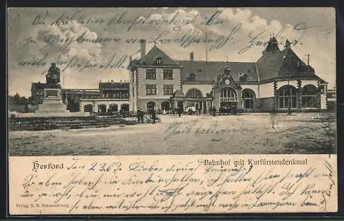 AK Herford, Bahnhof mit Kurfürstendenkmal