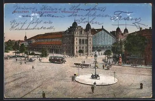 AK Budapest, Strassenbahn vor dem Westbahnhof