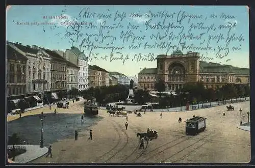 AK Budapest, Zentralbahnhof mit Strassenbahnen