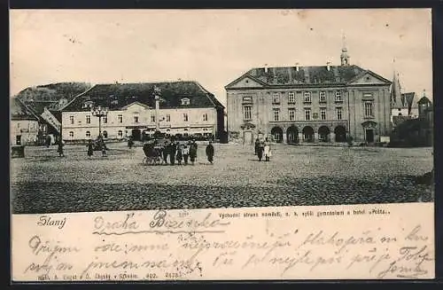 AK Slany, Vychodni strana namesti, c. k. vyssi gymnasium a hotel Posta