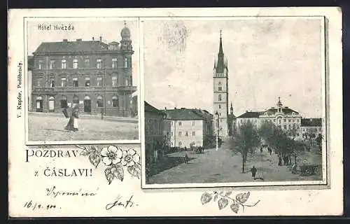 AK Tschaslau / Caslav, Hotel Hvezda, Ortsansicht mit Turm