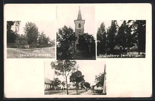 AK Janovitz-Markt, Kirche, Strassenpartie im Ortskern, Denkmal