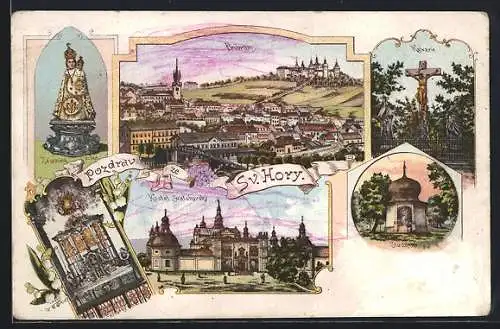 Lithographie Pribram, Sv. Hora, Kostel Svatohorsky, Studanka, Kalvarie, Zazraona soska, Pribram