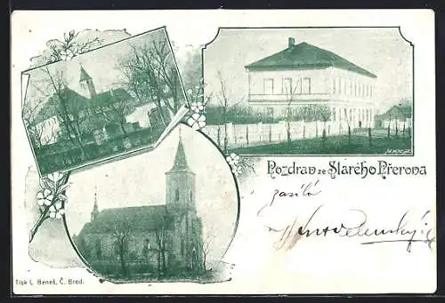 AK Prerov, Kirche, Gebäude, gerahmt von blühendem Zweig