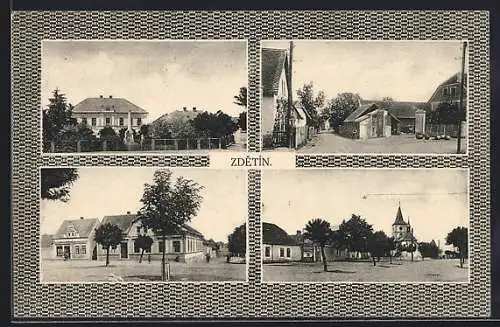 AK Zdetin, Kirche, Marktplatz, Strassenpartie