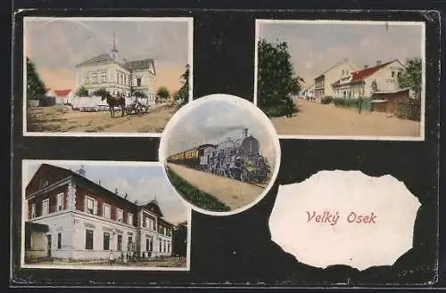 AK Velký Osek, Gasthaus, Eisenbahn und Strassenpartie