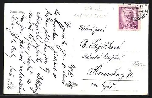 AK Dymokury, Ortspartie mit Teich