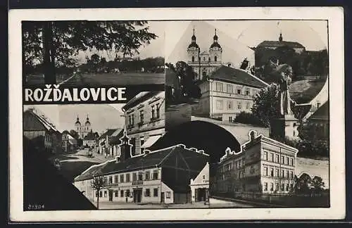 AK Rozdalovice, Hotel Radnice, Kirche, Denkmal und Strassenpartie