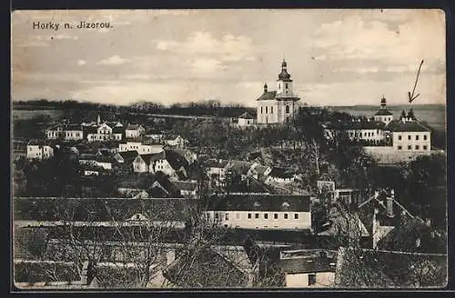 AK Horky n. Jizerou, Panorama mit Kirche