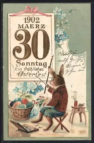 Präge-AK Osterhase bemalt Eier, Kalenderblatt 30. März 1903