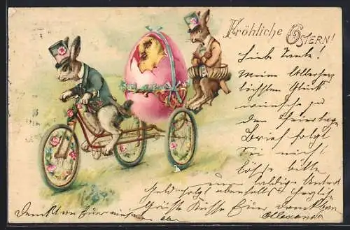 AK Osterhase fährt mit Osterei und Küken auf einem Fahrrad