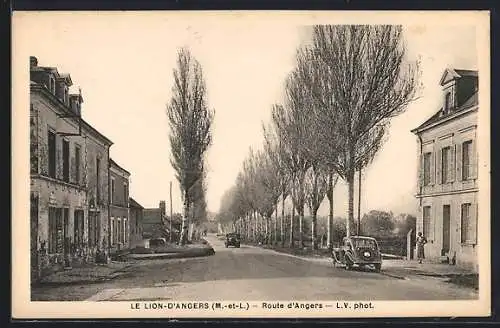 AK Le Lion-d`Angers, Route d`Angers avec arbres bordant la rue et voitures anciennes