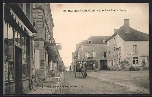 AK Martigné-Briand, Une rue du Bourg avec un cavalier et facades de magasins