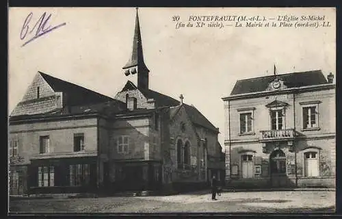 AK Fontevrault, L`église St-Michel et la mairie de la place (nord-est)