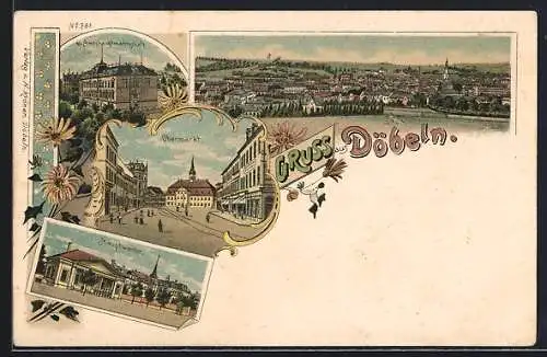 Lithographie Döbeln, Obermarkt, Hauptwache und Amtshauptmannschaft