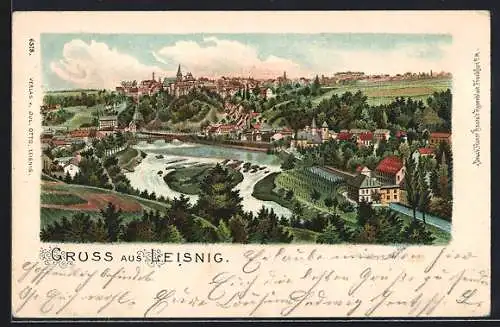 Lithographie Leisnig, Ortspanorama mit Fluss