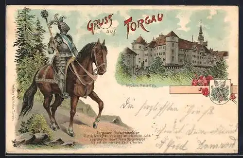 Lithographie Torgau, Schloss Hartenfels und Torgauer Geharnischter