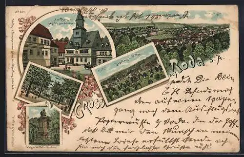 Lithographie Roda /S.-A., Rathaus und Gasthof zum Bären Logierhaus und Villen, Schützenhaus-Garten