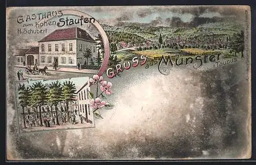 Lithographie Münster i. Taunus, Gasthaus zum hohen Staufen, Bes. H. Schubert