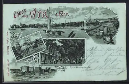 Mondschein-Lithographie Wyk a. Föhr, Hafen, Strandpromenade und Strand