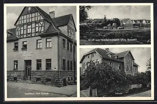 AK Niedermöllrich /Kassel, Gasthaus Karl Schade, Schule und Ortsansicht