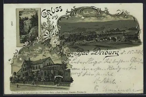 Mondschein-Lithographie Bad Driburg, Ruine Iburg, Hotel Englischer Hof und Ansicht vom Kreuzberg aus