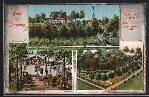 Lithographie Bernburg, Restaurant Bellevue, Bes.: H. Hahne mit Garten und Rutschbahn