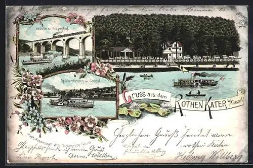 Lithographie Fuldatal, Gasthaus zum Rothen Kater, Brücke bei Kragenhof, Spiekershausen bei Cassel