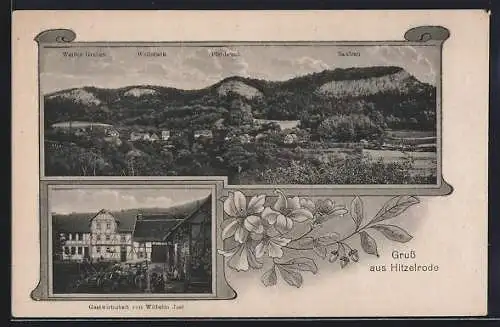 AK Hitzelrode, Gasthaus von Wilhelm Jost, Panorama mit Bergen